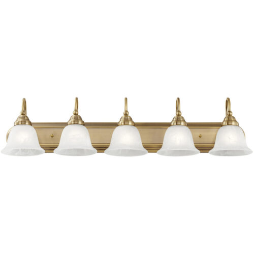 36 inch 5 Light Antique Brass Bathroom Vanity light fixture with White Alabaster Glass Shade-Lighting LumensBath/Vanity