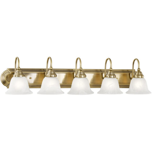 36 inch 5 Light Antique Brass Bathroom Vanity light fixture with White Alabaster Glass Shade-Lighting LumensBath/Vanity