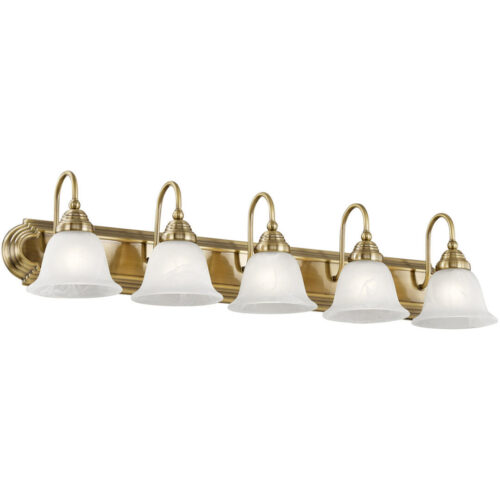 36 inch 5 Light Antique Brass Bathroom Vanity light fixture with White Alabaster Glass Shade-Lighting LumensBath/Vanity