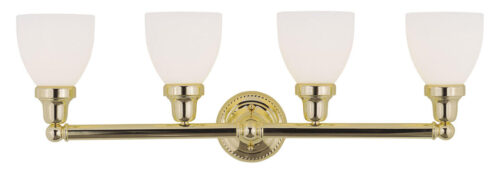 30 inch 4 Light Polished Brass Bathroom Vanity light fixture with Satin Opal White Glass Shade-Lighting LumensBath/Vanity