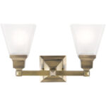 15 inch 2 Light Antique Brass Bathroom Vanity light fixture with Satin Glass Shade-Lighting LumensBath/Vanity