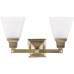 15 inch 2 Light Antique Brass Bathroom Vanity light fixture with Satin Glass Shade-Lighting LumensBath/Vanity