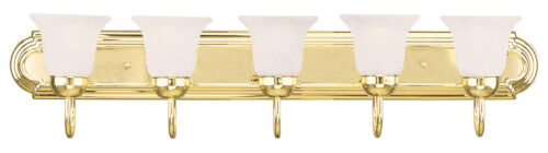 36 inch 5 Light Polished Brass Bathroom Vanity light fixture with White Alabaster Glass Shade-Lighting LumensBath/Vanity