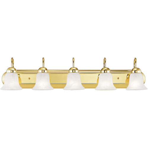 36 inch 5 Light Polished Brass Bathroom Vanity light fixture with White Alabaster Glass Shade-Lighting LumensBath/Vanity