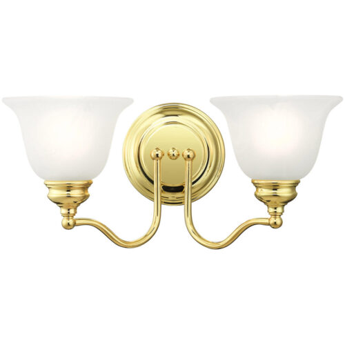 15.25 inch 2 Light Polished Brass Bathroom Vanity light fixture with White Alabaster Glass Shade-Lighting LumensBath/Vanity