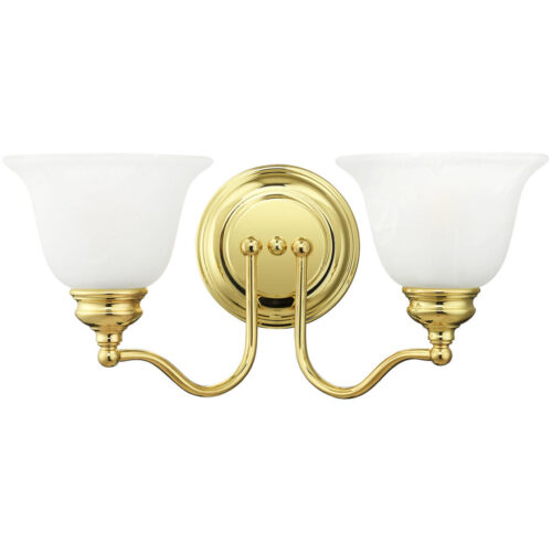 15.25 inch 2 Light Polished Brass Bathroom Vanity light fixture with White Alabaster Glass Shade-Lighting LumensBath/Vanity