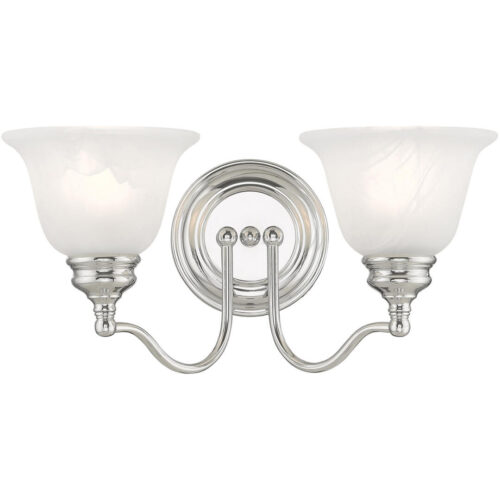 15.25 inch 2 Light Polished Chrome Bathroom Vanity light fixture with White Alabaster Glass Shade-Lighting LumensBath/Vanity