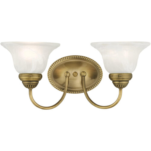 17 inch 2 Light Antique Brass Bathroom Vanity light fixture with White Alabaster Glass Shade-Lighting LumensBath/Vanity