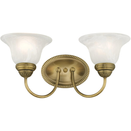 17 inch 2 Light Antique Brass Bathroom Vanity light fixture with White Alabaster Glass Shade-Lighting LumensBath/Vanity