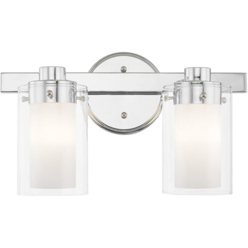 14.5 inch 2 Light Polished Chrome Bathroom Vanity light fixture with Clear Outside Glass & Opal Inside Glass Shade-Lighting LumensBath/Vanity