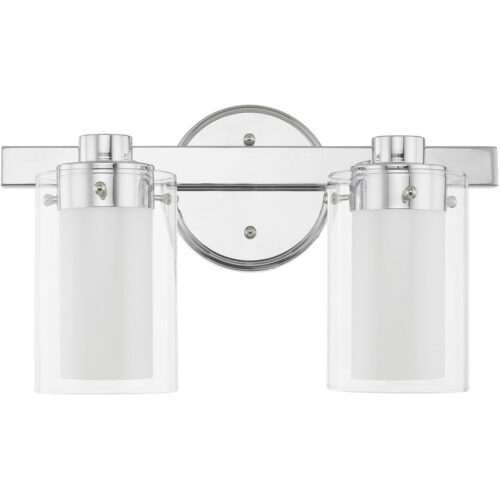 14.5 inch 2 Light Polished Chrome Bathroom Vanity light fixture with Clear Outside Glass & Opal Inside Glass Shade-Lighting LumensBath/Vanity