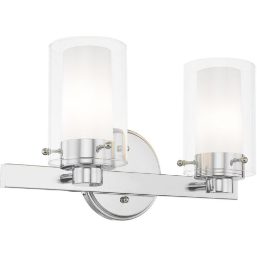 14.5 inch 2 Light Polished Chrome Bathroom Vanity light fixture with Clear Outside Glass & Opal Inside Glass Shade-Lighting LumensBath/Vanity