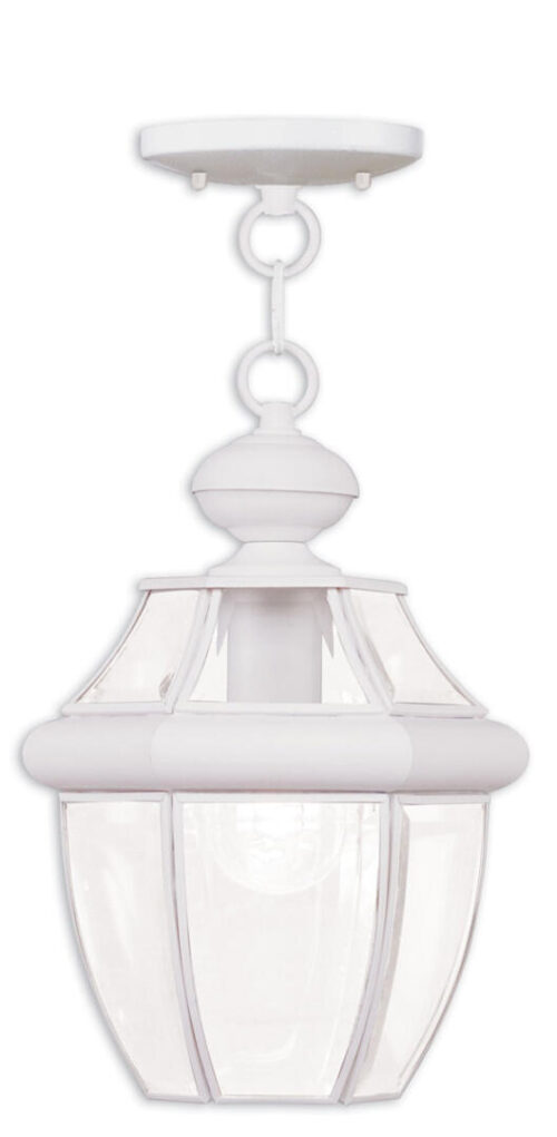 1 Light White Outdoor Chain Lantern Pendant Lighting Fixture with Clear Beveled Glass Shade-Lighting LumensLantern