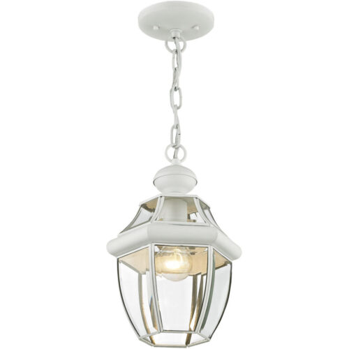 1 Light White Outdoor Chain Lantern Pendant Lighting Fixture with Clear Beveled Glass Shade-Lighting LumensLantern