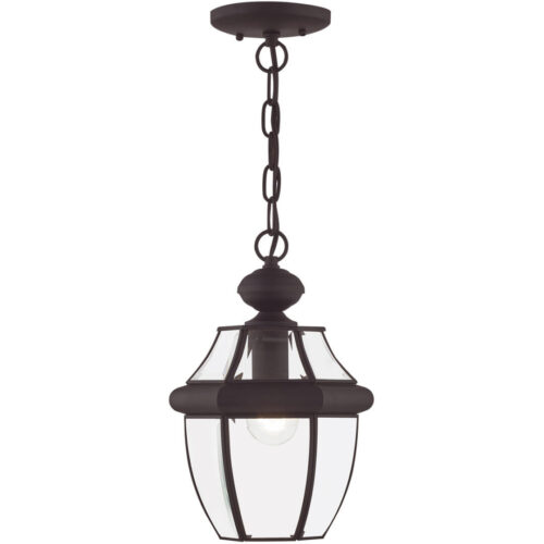 1 Light Bronze Outdoor Chain Lantern Pendant Lighting Fixture with Clear Beveled Glass Shade-Lighting LumensLantern