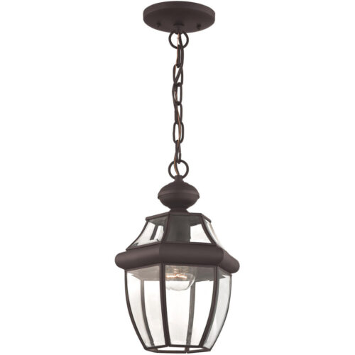 1 Light Bronze Outdoor Chain Lantern Pendant Lighting Fixture with Clear Beveled Glass Shade-Lighting LumensLantern