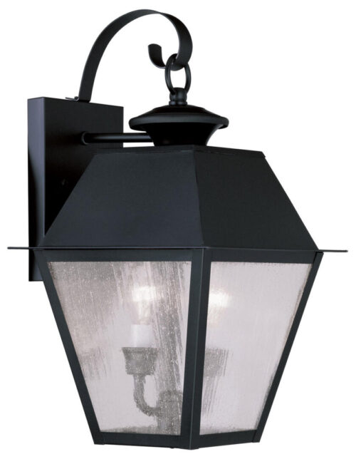 9 inch 2 Light Black Outdoor Wall Lantern Pendant Lighting Fixture with Seeded Glass Shade-Lighting LumensLantern