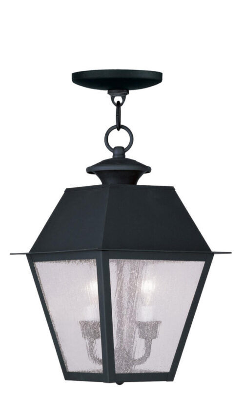 9 inch 2 Light Black Outdoor Chain Lantern Pendant Lighting Fixture with Seeded Glass Shade-Lighting LumensLantern