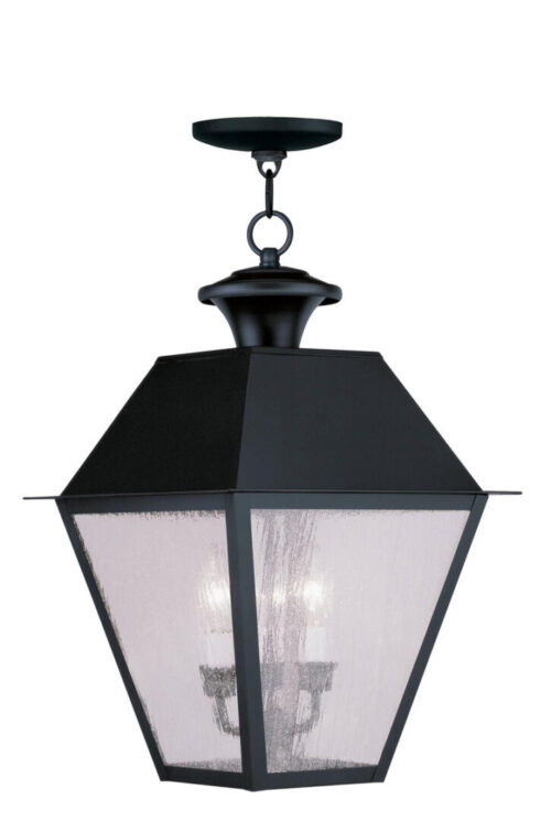 12 inch 3 Light Black Outdoor Chain Lantern Pendant Lighting Fixture with Seeded Glass Shade-Lighting LumensLantern