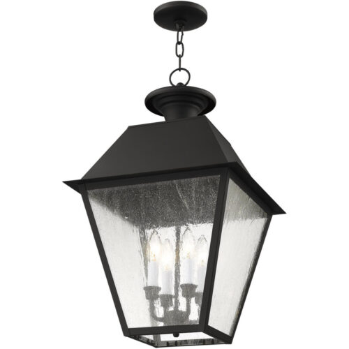 15 inch 4 Light Black Outdoor Chain Lantern Pendant Lighting Fixture with Seeded Glass Shade-Lighting LumensLantern