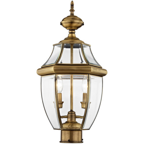 2 Light Antique Brass Outdoor Post Lantern Pendant Lighting Fixture with Clear Beveled Glass Shade-Lighting LumensLantern