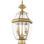 2 Light Polished Brass Outdoor Post Lantern Pendant Lighting Fixture with Clear Beveled Glass Shade-Lighting LumensLantern