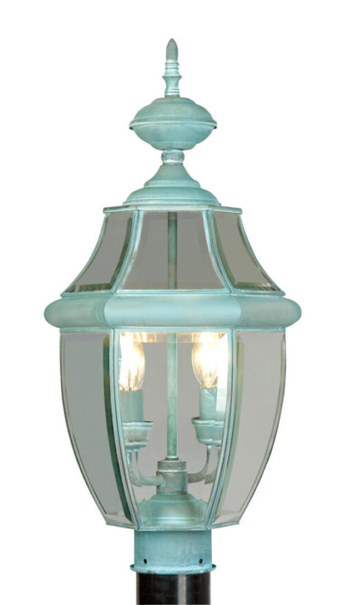 2 Light Verdigris Outdoor Post Lantern Pendant Lighting Fixture with Clear Beveled Glass Shade-Lighting LumensLantern