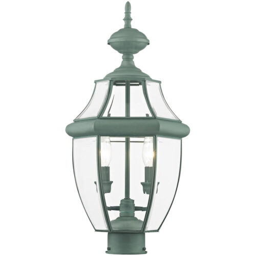 2 Light Verdigris Outdoor Post Lantern Pendant Lighting Fixture with Clear Beveled Glass Shade-Lighting LumensLantern