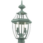 2 Light Verdigris Outdoor Post Lantern Pendant Lighting Fixture with Clear Beveled Glass Shade-Lighting LumensLantern