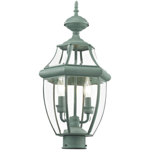 2 Light Verdigris Outdoor Post Lantern Pendant Lighting Fixture with Clear Beveled Glass Shade-Lighting LumensLantern