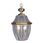 2 Light Antique Brass Outdoor Chain Lantern Pendant Lighting Fixture with Clear Beveled Glass Shade-Lighting LumensLantern