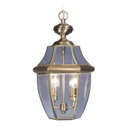 2 Light Antique Brass Outdoor Chain Lantern Pendant Lighting Fixture with Clear Beveled Glass Shade-Lighting LumensLantern