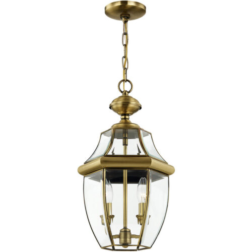 2 Light Antique Brass Outdoor Chain Lantern Pendant Lighting Fixture with Clear Beveled Glass Shade-Lighting LumensLantern