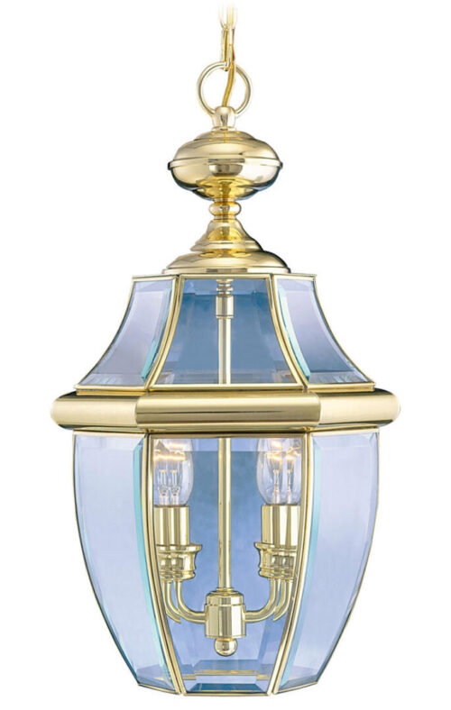 2 Light Polished Brass Outdoor Chain Lantern Pendant Lighting Fixture with Clear Beveled Glass Shade-Lighting LumensLantern