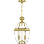 2 Light Polished Brass Outdoor Chain Lantern Pendant Lighting Fixture with Clear Beveled Glass Shade-Lighting LumensLantern