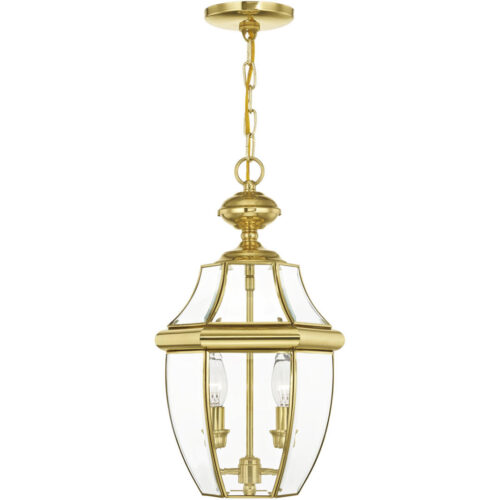 2 Light Polished Brass Outdoor Chain Lantern Pendant Lighting Fixture with Clear Beveled Glass Shade-Lighting LumensLantern