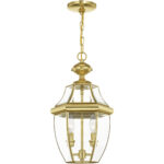 2 Light Polished Brass Outdoor Chain Lantern Pendant Lighting Fixture with Clear Beveled Glass Shade-Lighting LumensLantern