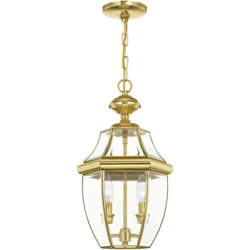 2 Light Polished Brass Outdoor Chain Lantern Pendant Lighting Fixture with Clear Beveled Glass Shade-Lighting LumensLantern