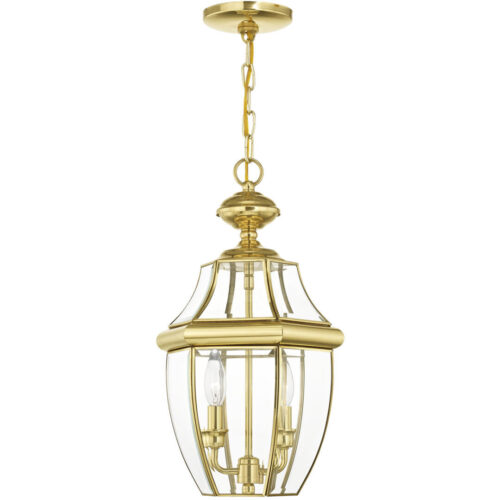 2 Light Polished Brass Outdoor Chain Lantern Pendant Lighting Fixture with Clear Beveled Glass Shade-Lighting LumensLantern