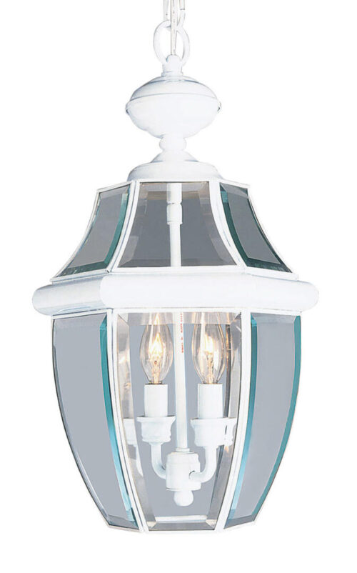 2 Light White Outdoor Chain Lantern Pendant Lighting Fixture with Clear Beveled Glass Shade-Lighting LumensLantern