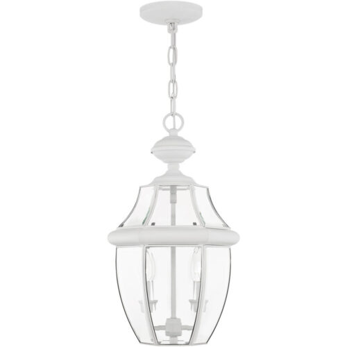 2 Light White Outdoor Chain Lantern Pendant Lighting Fixture with Clear Beveled Glass Shade-Lighting LumensLantern