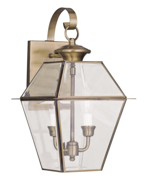 9 inch 2 Light Antique Brass Outdoor Wall Lantern Pendant Lighting Fixture with Clear Beveled Glass Shade-Lighting LumensLantern