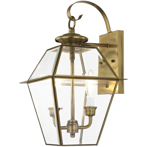 9 inch 2 Light Antique Brass Outdoor Wall Lantern Pendant Lighting Fixture with Clear Beveled Glass Shade-Lighting LumensLantern