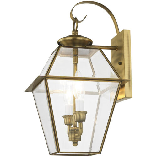 9 inch 2 Light Antique Brass Outdoor Wall Lantern Pendant Lighting Fixture with Clear Beveled Glass Shade-Lighting LumensLantern