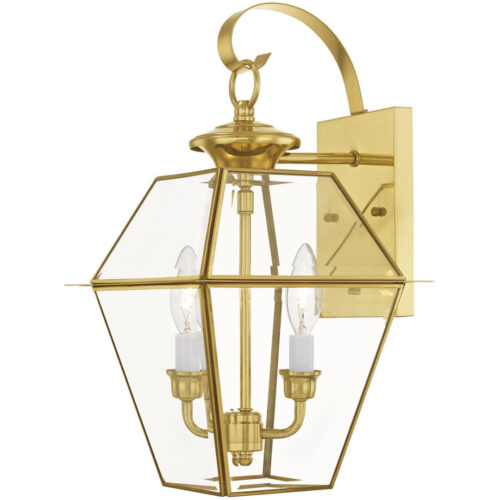 9 inch 2 Light Polished Brass Outdoor Wall Lantern Pendant Lighting Fixture with Clear Beveled Glass Shade-Lighting LumensLantern