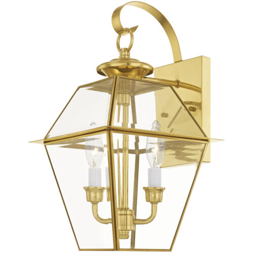 9 inch 2 Light Polished Brass Outdoor Wall Lantern Pendant Lighting Fixture with Clear Beveled Glass Shade-Lighting LumensLantern