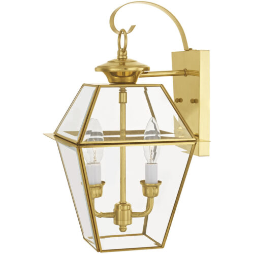 9 inch 2 Light Polished Brass Outdoor Wall Lantern Pendant Lighting Fixture with Clear Beveled Glass Shade-Lighting LumensLantern