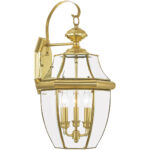 12.5 inch 3 Light Polished Brass Outdoor Wall Lantern Pendant Lighting Fixture with Clear Beveled Glass Shade-Lighting LumensLantern