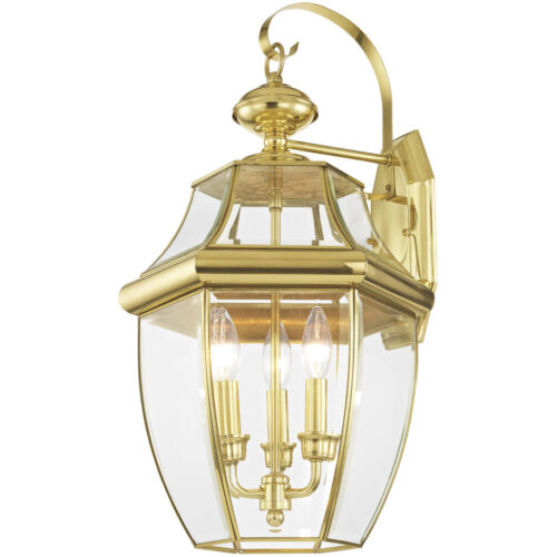 12.5 inch 3 Light Polished Brass Outdoor Wall Lantern Pendant Lighting Fixture with Clear Beveled Glass Shade-Lighting LumensLantern