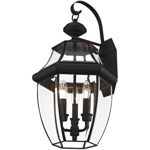 12.5 inch 3 Light Black Outdoor Wall Lantern Pendant Lighting Fixture with Clear Beveled Glass Shade-Lighting LumensLantern